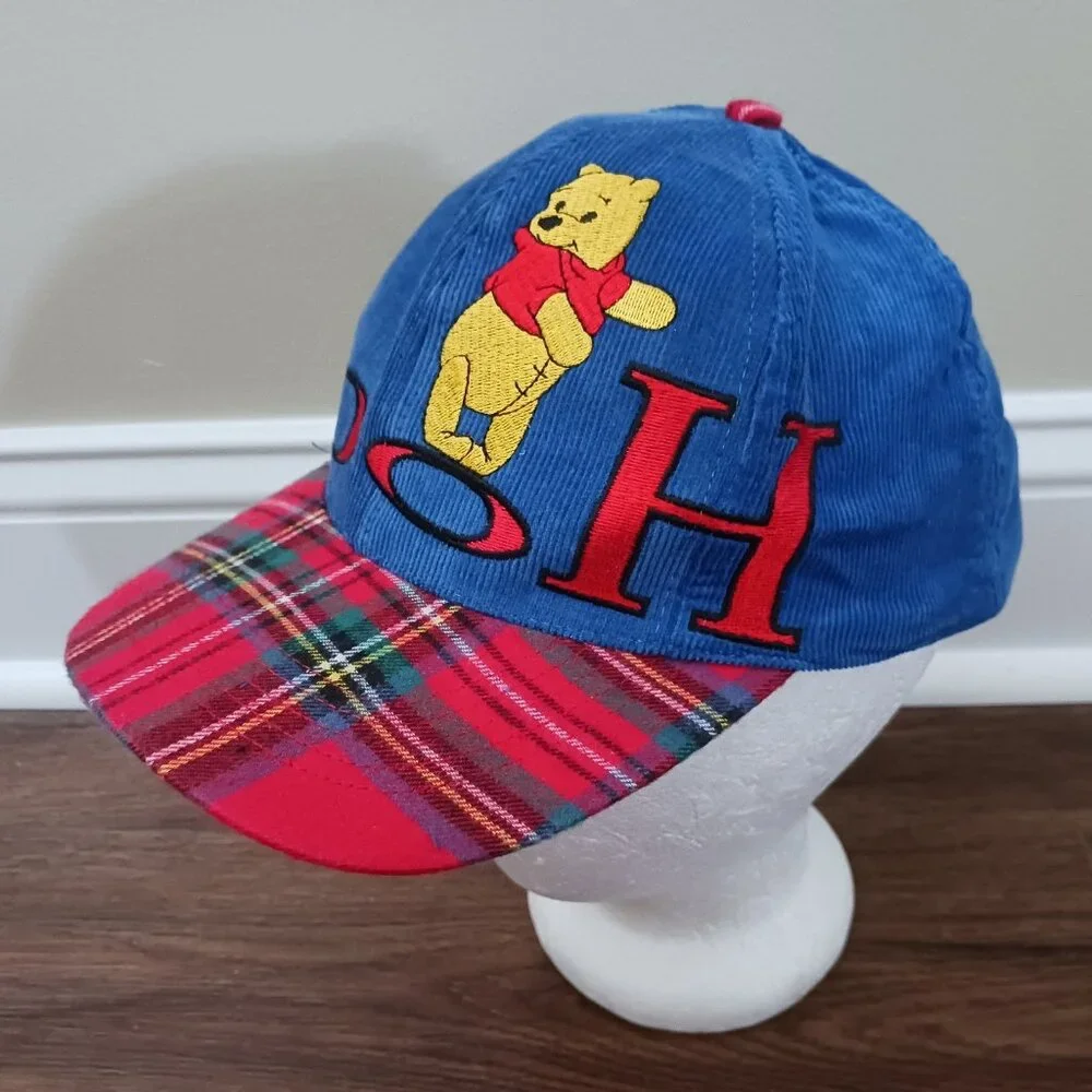 Vintage‎ Youth Winnie Pooh Embroidered Strapback Corduroy Plaid Cap Hat